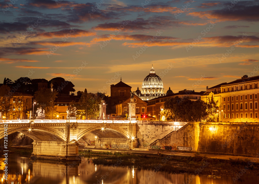 Fototapeta premium The night view of Rome from the Ponte Sant'angelo, Italy