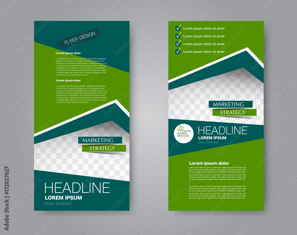 Vector flyer and leaflet design. Set of two side brochure templates. Vertical banners. Green color. Vector illustration. Vector flyer and leaflet design. Set of two side brochure templates. Vertical banners. Green color. Vector illustration.