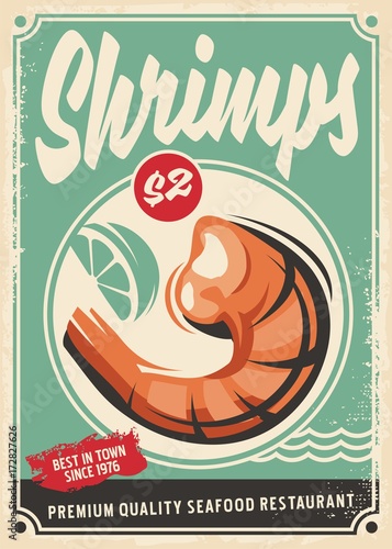 Shrimps promotional poster design. Seafood restaurant sign template with prawn graphic and slice of lemon.