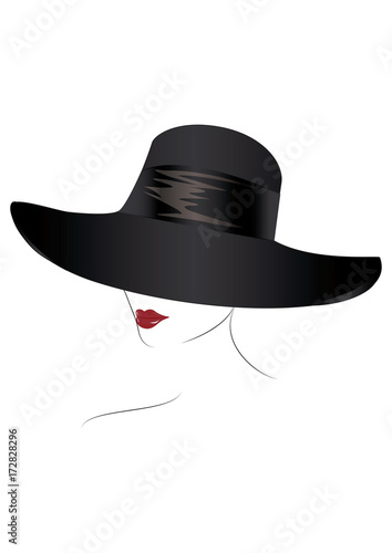 Sketch- female face in black hat, red lips, - isolated on white background  - art creative vector illustration. Stock Vector | Adobe Stock