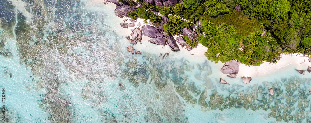 Anse Source D'Argent panoramic overhead aerial view in La Digue - Seychelles