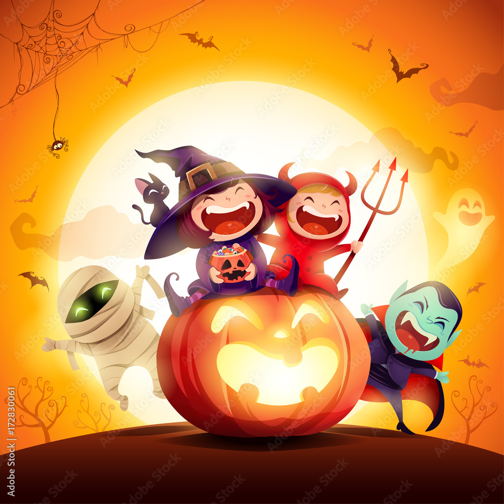 Fototapeta premium Halloween Kids Costume Party. Group of kids in Halloween costume sitting on a giant pumpkin.