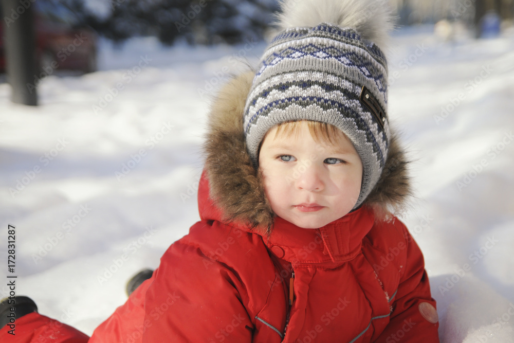 Portrait of a child in winter clothes, a walk through a winter park, Portrait of a child in winter clothes, a walk through a winter park,