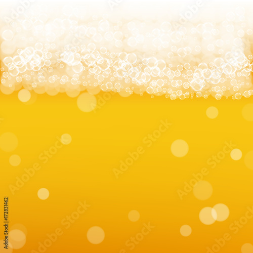 Beer background with realistic bubbles. Cool liquid drink for pub and bar menu design, banners and flyers. Yellow square beer background with white frothy foam. Cold glass of ale for brewery design.
