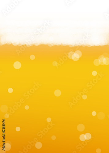 Beer background with realistic bubbles. Cool liquid drink for pub and bar menu design, banners and flyers. Yellow vertical beer background with white frothy foam. Cold pint of golden lager or ale.