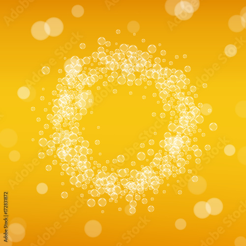 Beer background with realistic bubbles. Cool liquid drink for pub and bar menu design, banners and flyers. Yellow square beer background with white frothy foam. Cold glass of ale for brewery design.