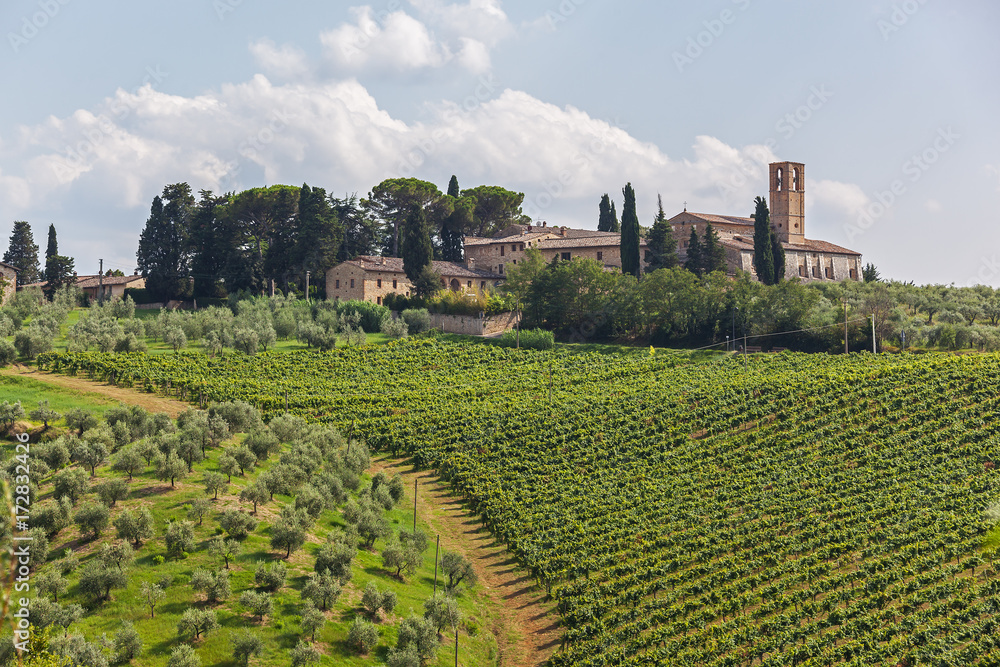 Traditional wine farm is surrounded by picturesque vineyards in the Chianti region, Tuscany, Italy