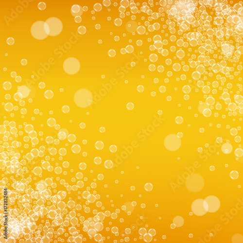Beer background with realistic bubbles. Cool liquid drink for pub and bar menu design, banners and flyers. Yellow square beer background with white frothy foam. Cold pint of golden lager or ale.