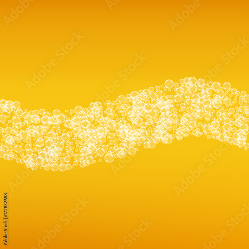 Beer background with realistic bubbles. Cool beverage for restaurant menu design, banners and flyers. Yellow square beer background with white frothy foam. Cold pint of golden lager or ale.