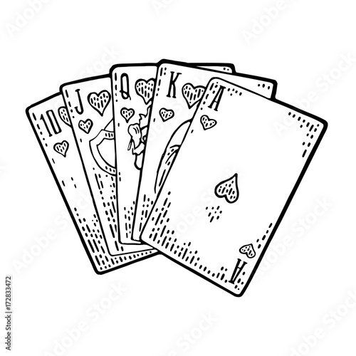 Royal flush in hearts. Male hand holding a game card.