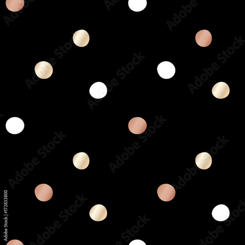 Black festive packaging paper with dots made of gold and bronze foil. Seamless vector pattern.