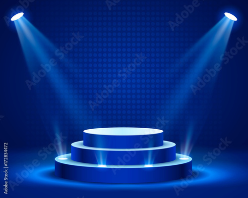Stage podium with lighting, Stage Podium Scene with for Award Ceremony on blue Background, Vector illustration