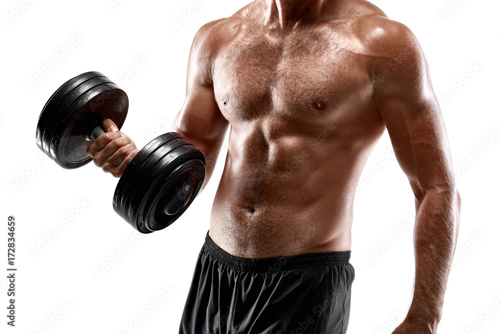 Handsome muscular man with bare chest lifting dumbbell, studio shot on white background