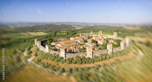 Beautiul aerial view of Monteriggioni  Tuscany medieval town on the hill