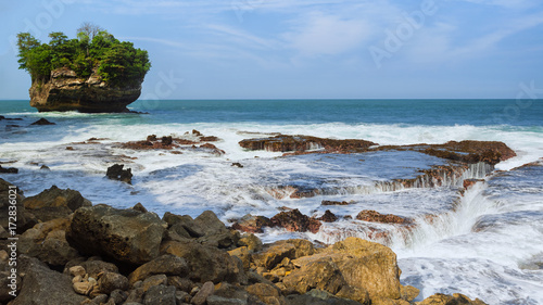 Beautiful view of "Karang Bokor" at Sawarna beach in Indonesia. Long Exposure and Selective Focus