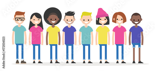 Set of characters wearing colourful t-shirts. Diversity conceptual illustration. Multiracial group of young people. Flat editable characters, clip art