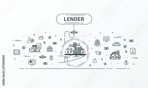 Lender infographics concept. Hand holding a money tray. Loan lending of money from bank, personal loans, credit card, organization or entity. Flat line design create by vector. Can be used for lender 