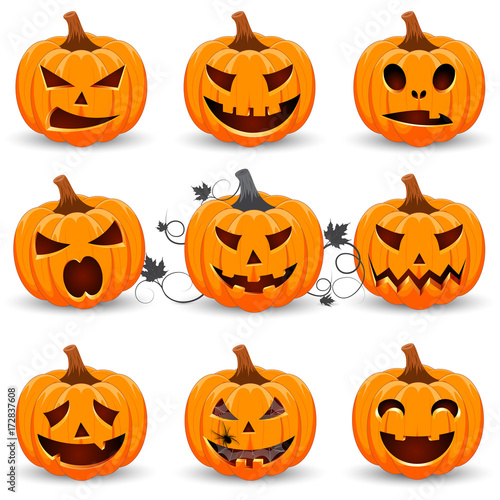 Set pumpkin on white background. The main symbol of the Happy Halloween holiday. Orange pumpkin with smile for your design for the holiday Halloween. Vector illustration.