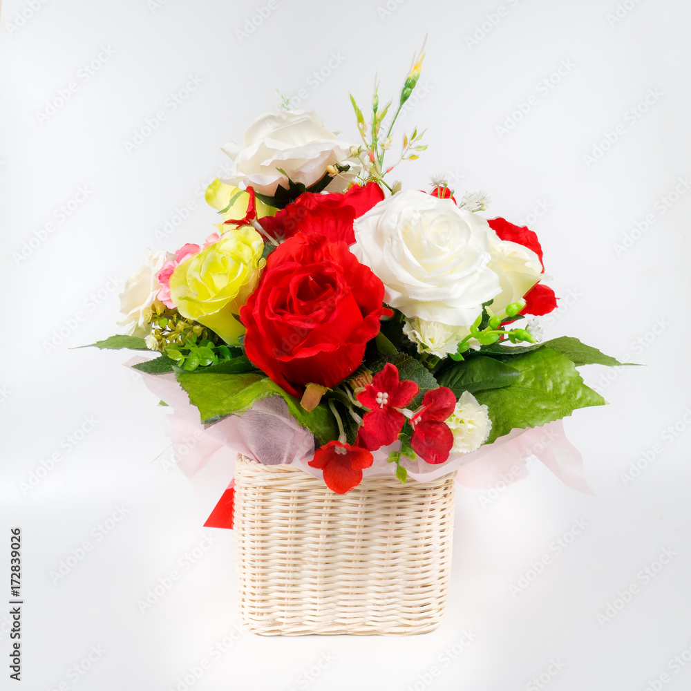 Beautiful Rose Flower Bouquet On White Background. Bunch Of Flowers. Red  Rose,Yellow,White. Stock Photo | Adobe Stock