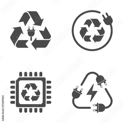 Recycle sign, e-waste garbage icons on white background photo