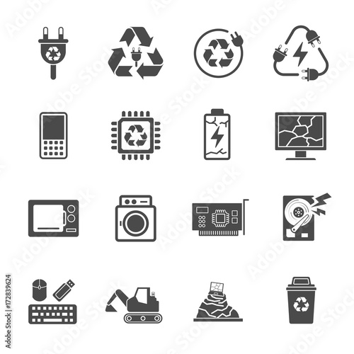 Recycling e-waste garbage, Contains such Icons as Electronic waste, Monitor, Phone, Battery and more.
