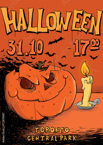 Poster or flyer for Halloween night party. Jack-o'-lantern and candle. Vector template illustration.