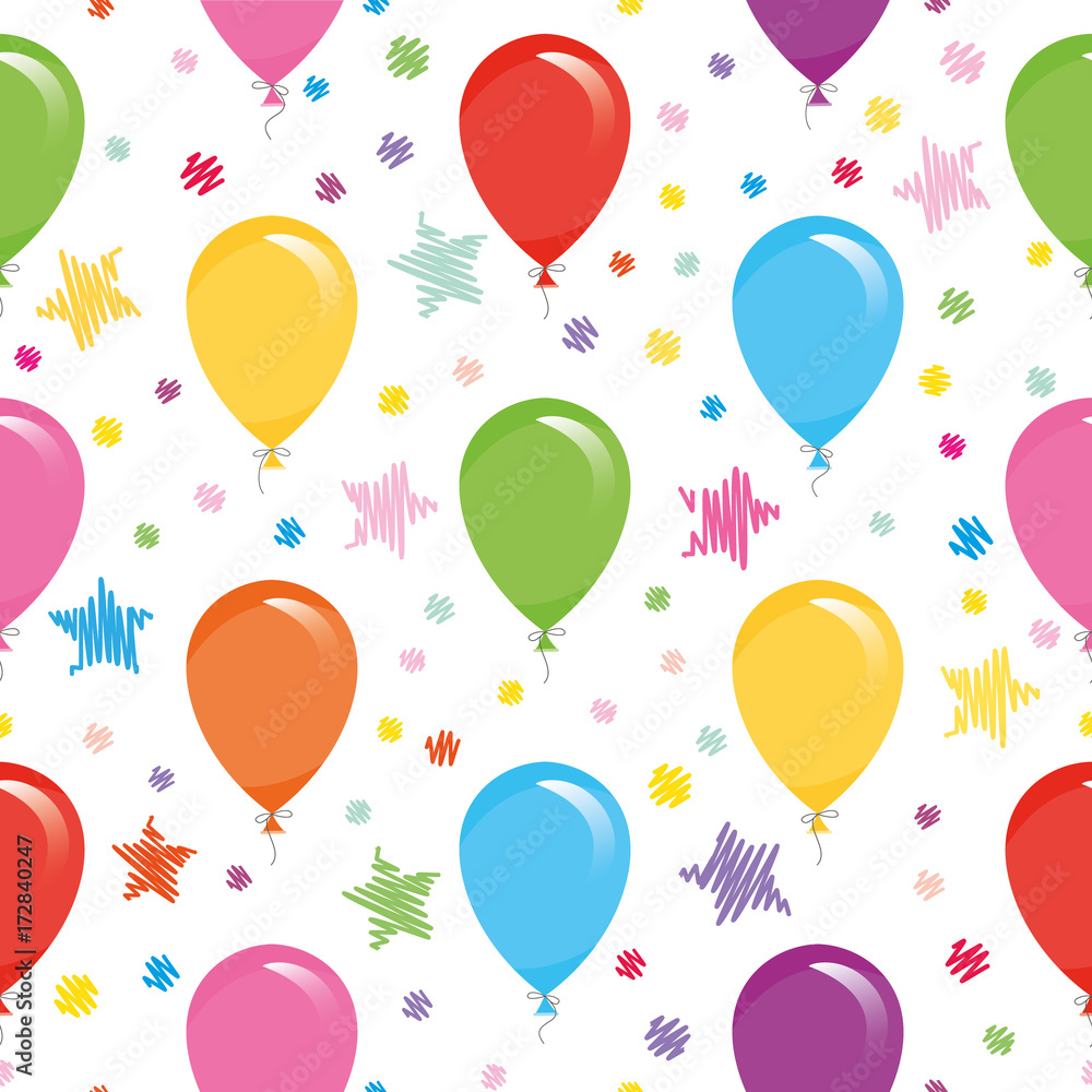 Festive seamless pattern with colorful balloons and confetti. For birthday, baby shower, holidays design.