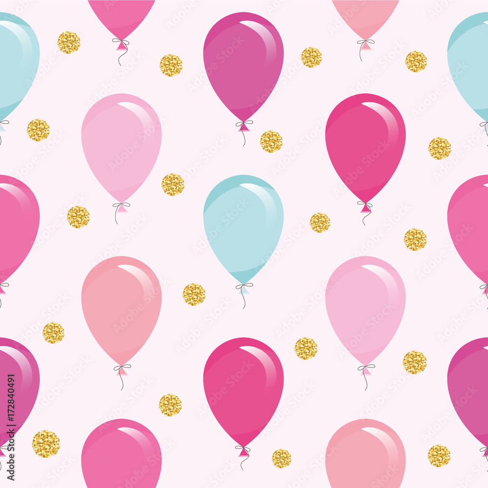 Festive seamless pattern with colorful balloons and glitter confetti. For birthday, baby shower, holidays design.
