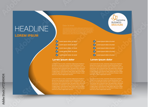 Blue and orange landscape wide flyer or brochure template. Billboard abstract background design. Business, education, presentation, advertisement concept. Vector illustration.