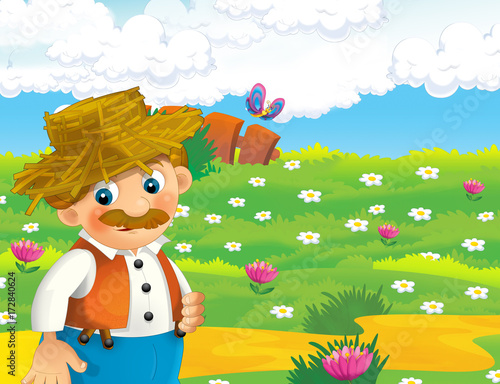 Fototapeta Naklejka Na Ścianę i Meble -  cartoon scene with happy man working on the farm - standing and smiling / illustration for children