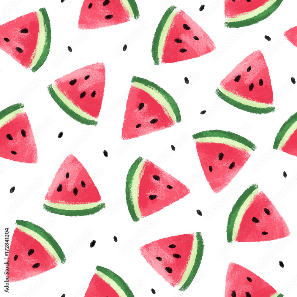 Seamless pattern with watermelons. Watermelon slices isolated on white background. Illustration painting - obrazy, fototapety, plakaty 