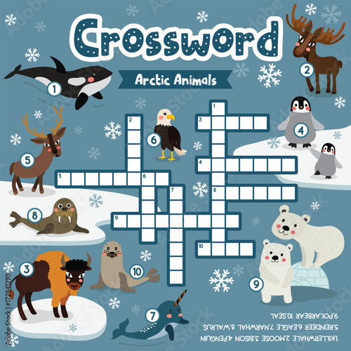 Crosswords puzzle game of arctic animals for preschool kids activity worksheet colorful printable version. Vector Illustration.