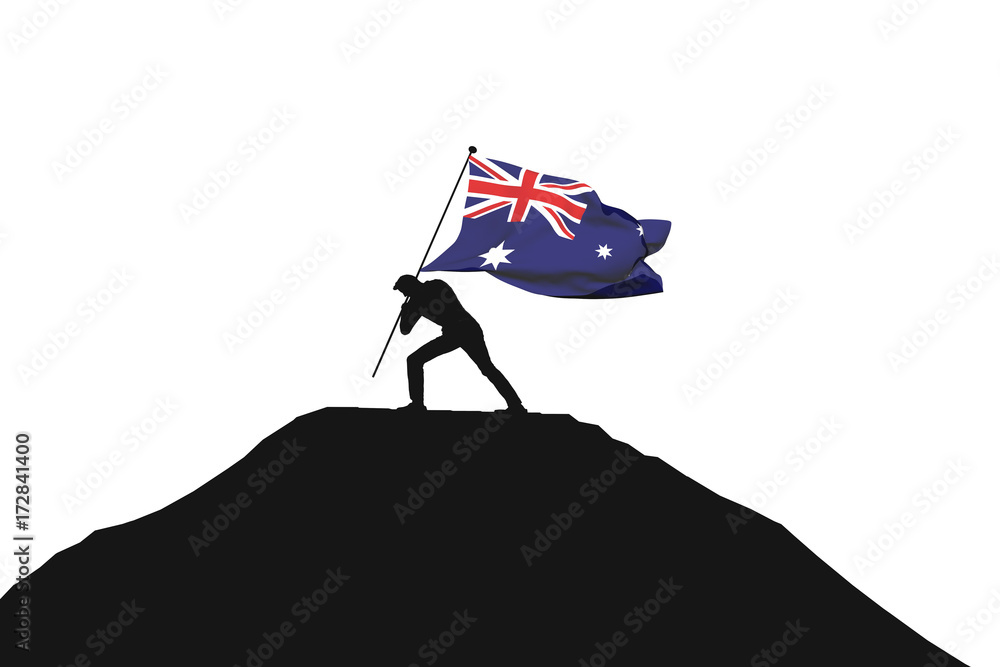 Sprængstoffer Tropisk uberørt Australia flag being pushed into mountain top by a male silhouette. 3D  Rendering Stock Illustration | Adobe Stock