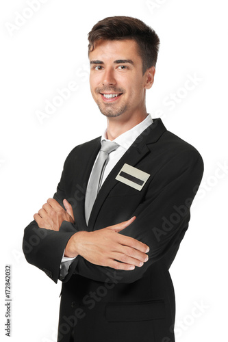 Male receptionist on white ...