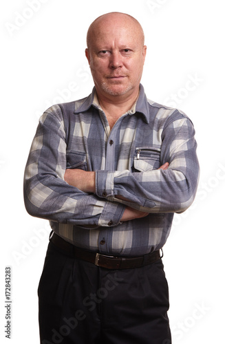 old bald man with hands folded isolated