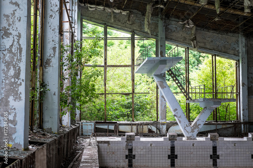 The Azure swimming pool located in Pripyat. Look and feel of the area surrounding the exclusion zone of Chernobyl 30 years after the nuclear disaster, Ukraine