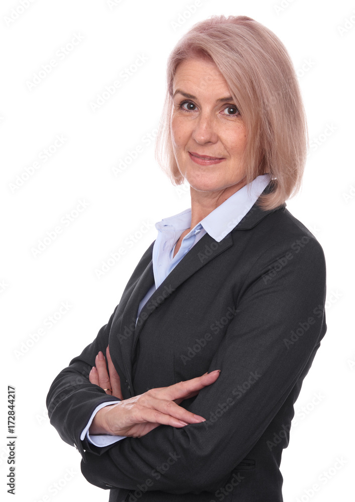 old smiling businesswoman with arms crossed old smiling businesswoman with arms crossed