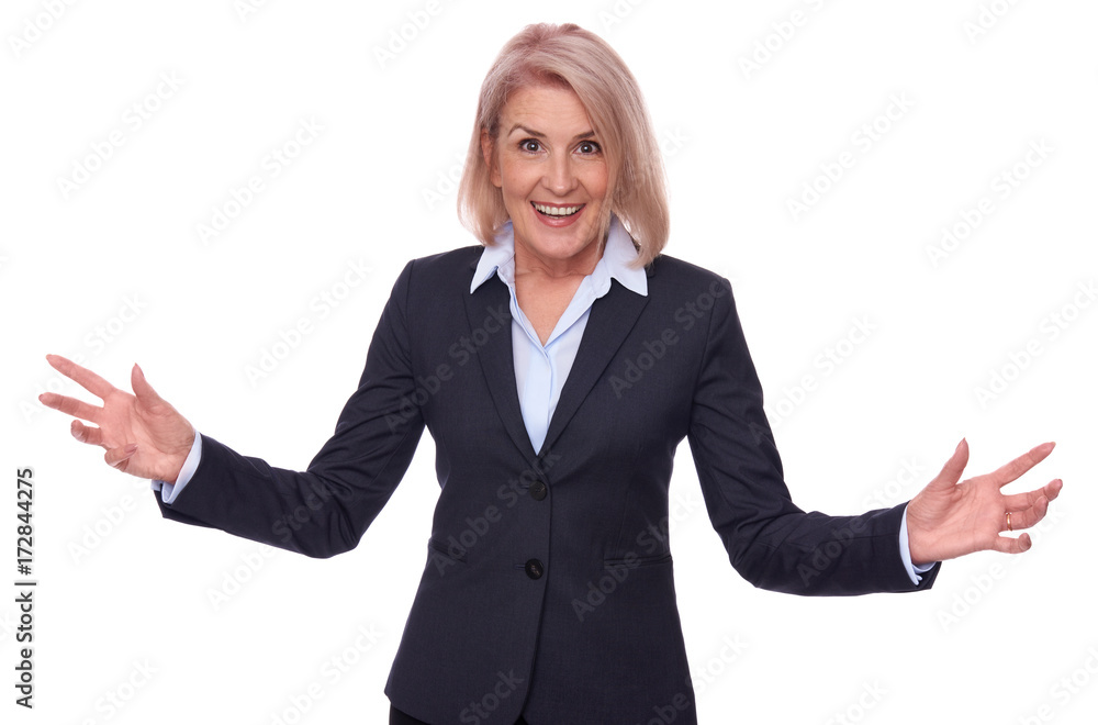 happy middle aged businesswoman isolated happy middle aged businesswoman isolated