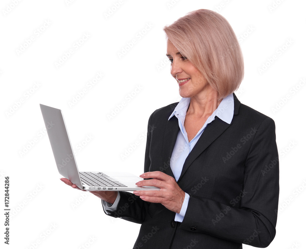 smiling senior business woman with laptop smiling senior business woman with laptop