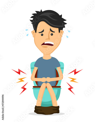 Young man sitting toilet seat with diarrhea,food poisoning,stomach pain problem.Vector flat cartoon illustration character icon.Isolated on white background. diarrhea sick concept photo