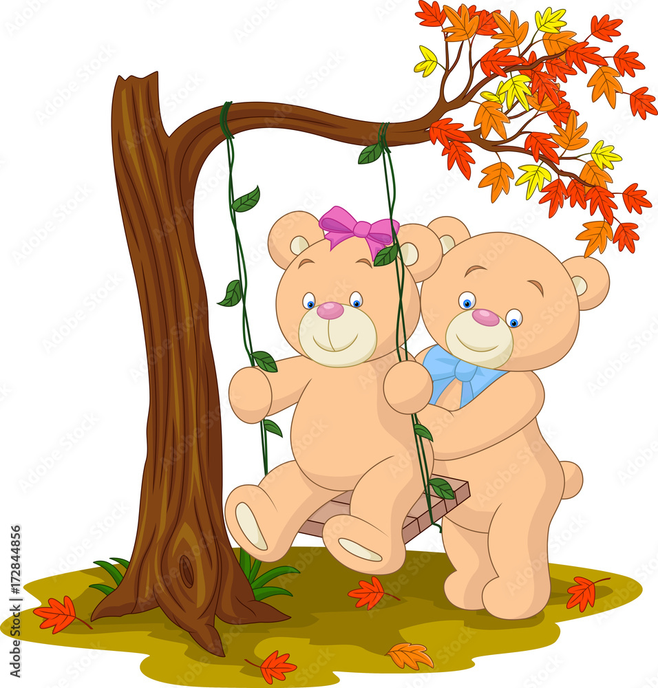 Obraz premium Bear couple in love sitting on a swing under a tree on autumn