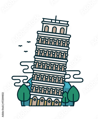 Leaning tower of Pisa, trees. Vector 