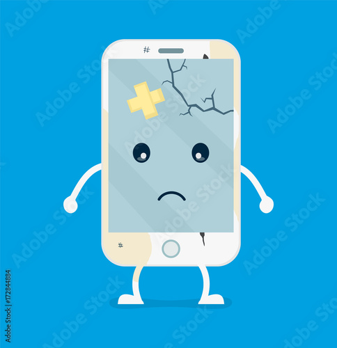 Old sad broken phone with cracks and scratches dirty old smartphone mobile phone.Vector flat cartoon illustration character icon.Isolated on white background.Repair smartphones concept