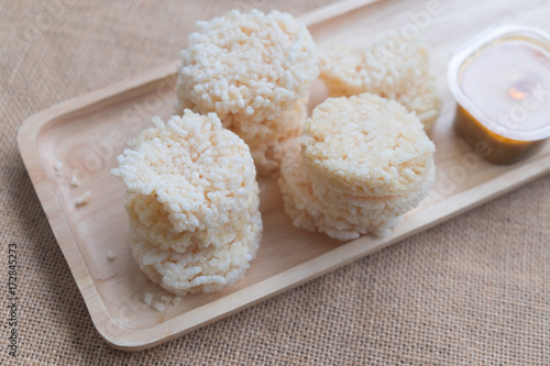 Rice cracker on tray