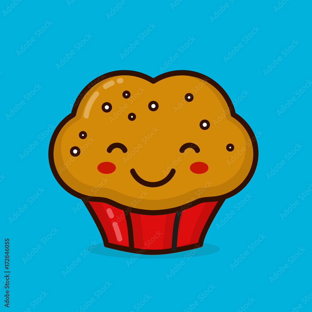 Cute happy smiling muffin cupcake. Vector modern line outline flat style cartoon character illustration icon. Isolated on blue background. Cute happy smiling muffin cupcake. Vector modern line outline flat style cartoon character illustration icon. Isolated on blue background.