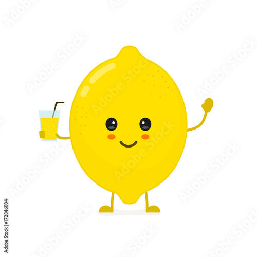 Cute smiling happy lemon with a glass of lemonade. Vector modern flat style cartoon character illustration. Isolated on white background
