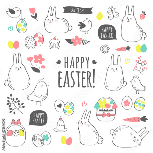 Vector Easter set with cute bunnies, chickens, flowers and eggs. Design elements and signs in cartoon style. Vector illustration.