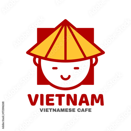 Vietnam logo template design. Vector modern line outline flat style cartoon character illustration icon. Isolated on white background.Concept creative card, logo for street Vietnamese asian food cafe