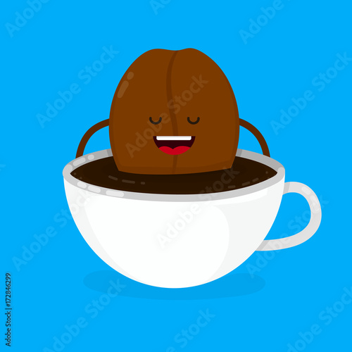 Cute smiling happy coffee bean lies in coffee cup. Vector modern style flat cartoon character illustration design icon. Isolated on blue background.  Creative concept for coffee cafe card