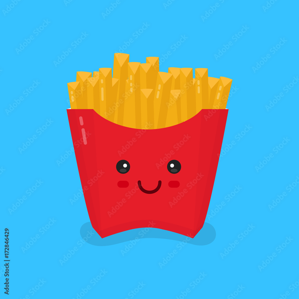 Cute smiling happy french fries. Vector modern style flat cartoon character  illustration design icon. Isolated on blue background. Concept for fast  food cafe Stock Vector | Adobe Stock